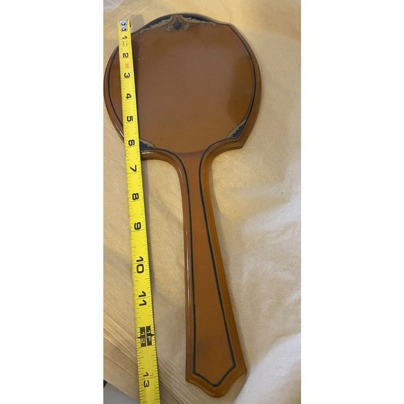 Art Deco Vanity Hand Held Beveled 13” Mirror Celluloid Bakelite Amber - Picture 2 of 8